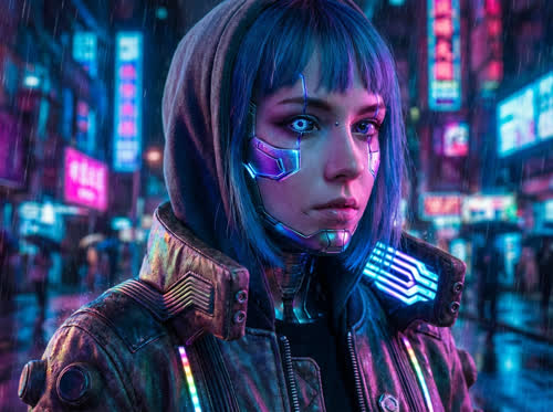 Close-up portrait of a beautiful cyberpunk woman with neon reflections, glowing cybernetic details, futuristic city lights