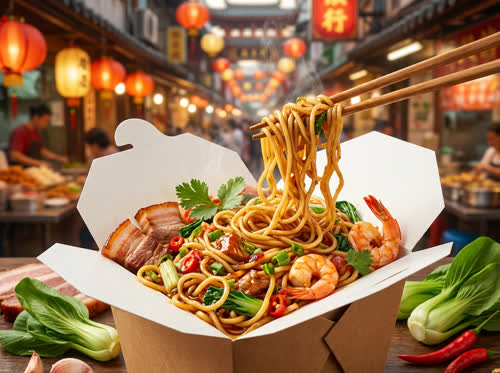 Beautiful billboard-style ad of noodles in a takeout box, vibrant colors, appetizing, ultra-detailed, professional food photography.