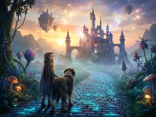 A fairy-tale scene where a girl walks along a magical road with her dog, and ahead of them unfolds a stunning castle.