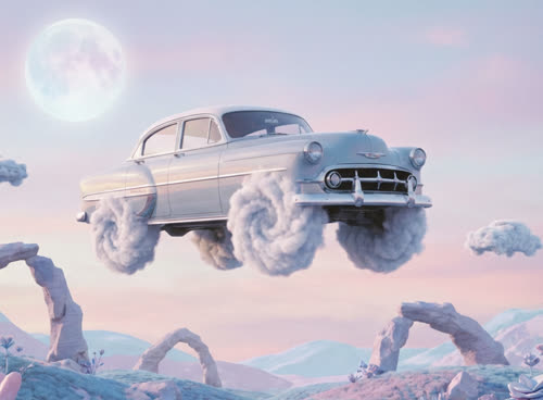 A floating car with wheels made of clouds, surreal landscape, pastel sky, dreamy atmosphere.